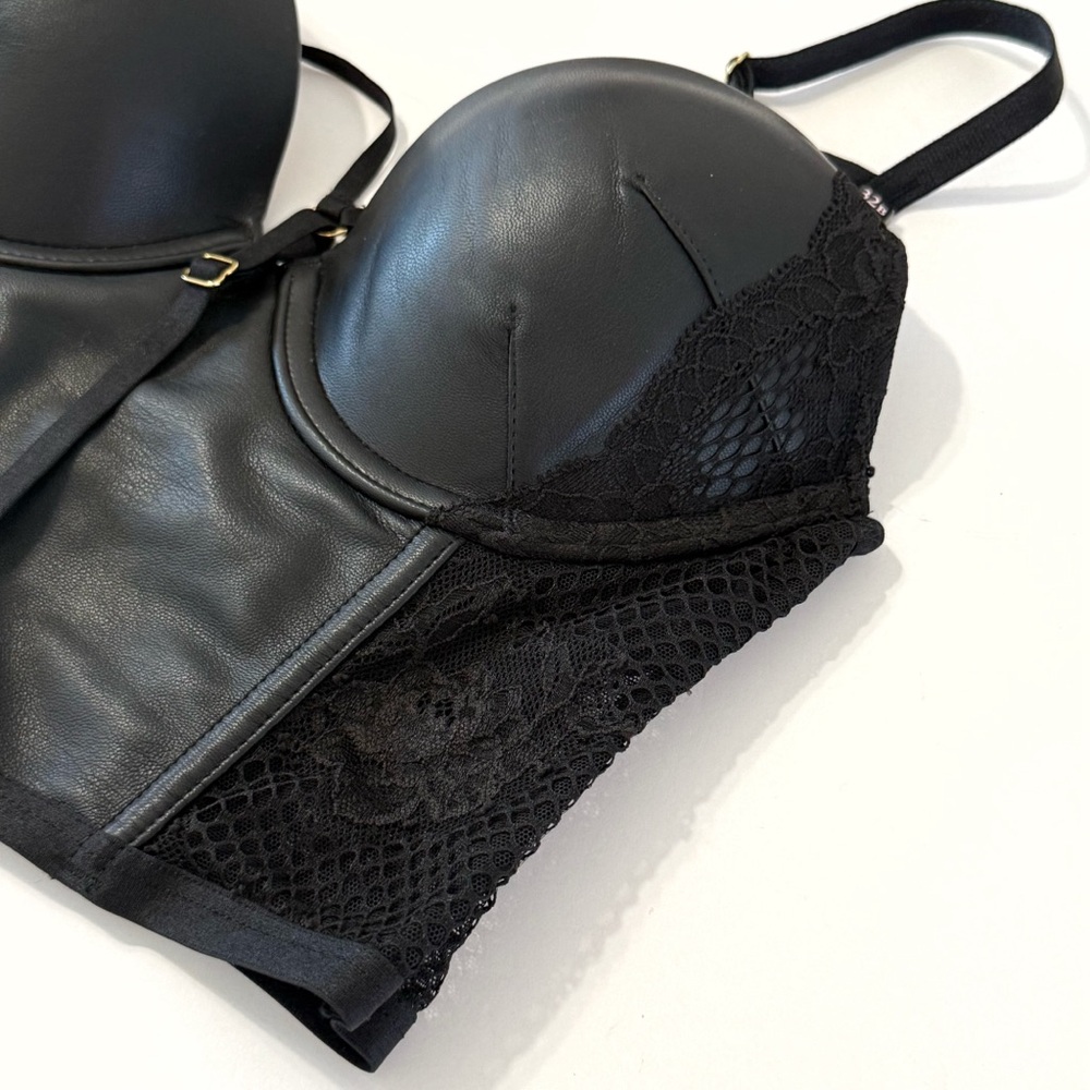 VICTORIAS SECRET BLACK LEATHER FISHNET MESH VERY SEXY PUSH-UP CORSET BUSTIER BRA - Picture 3 of 10